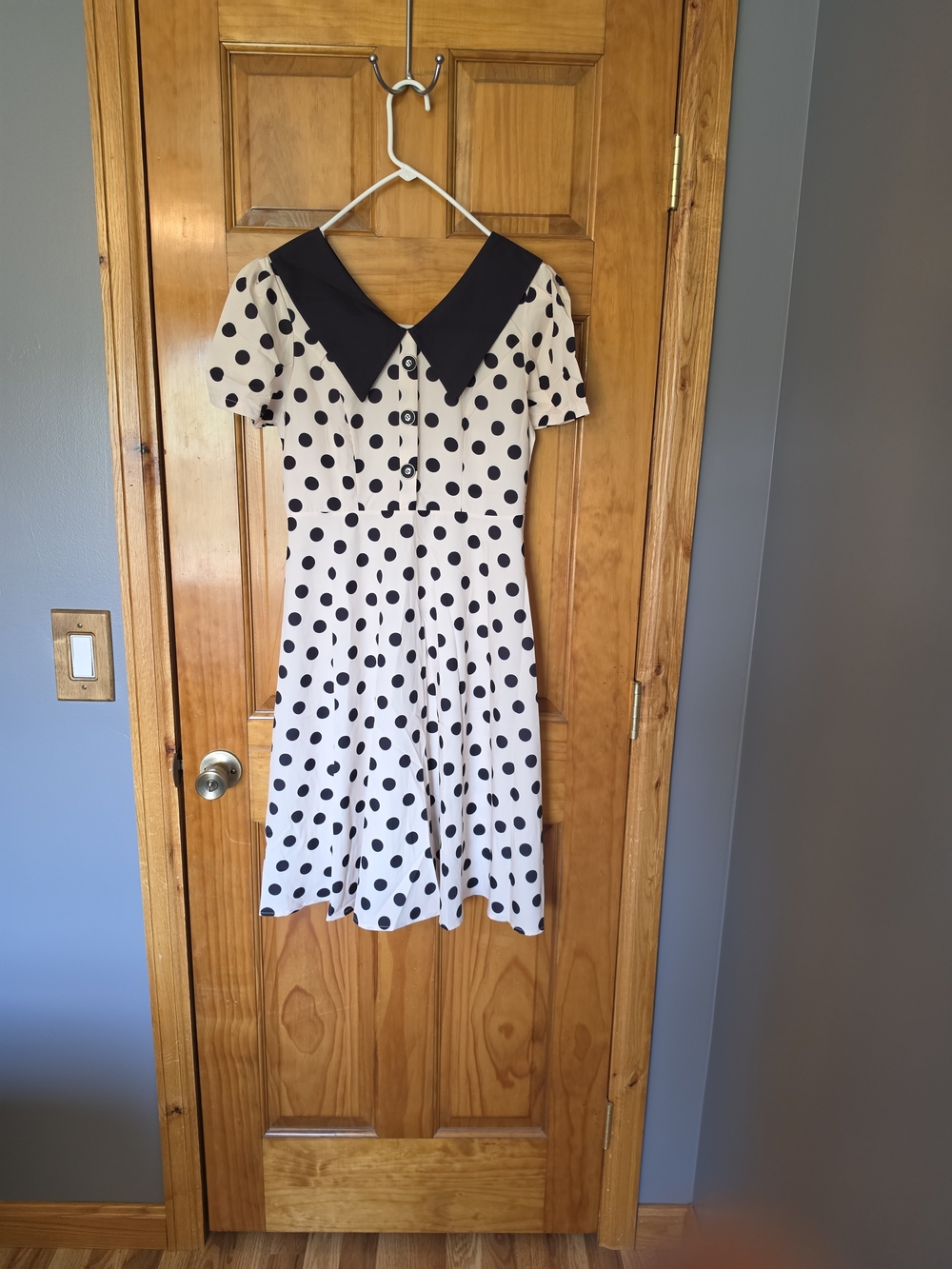 Black & Cream Polka Dot Fit-and-Flare Dress with Contrast Collar